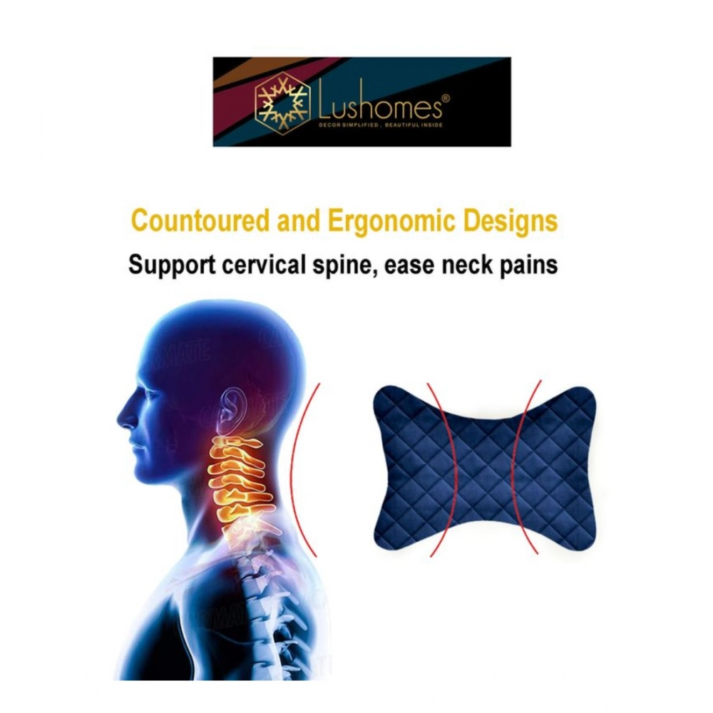 Generic Pack Of_2 Velvet Checked Bone Neck Pillow (Navy Blue, Size: 6x10 In) - Image 2