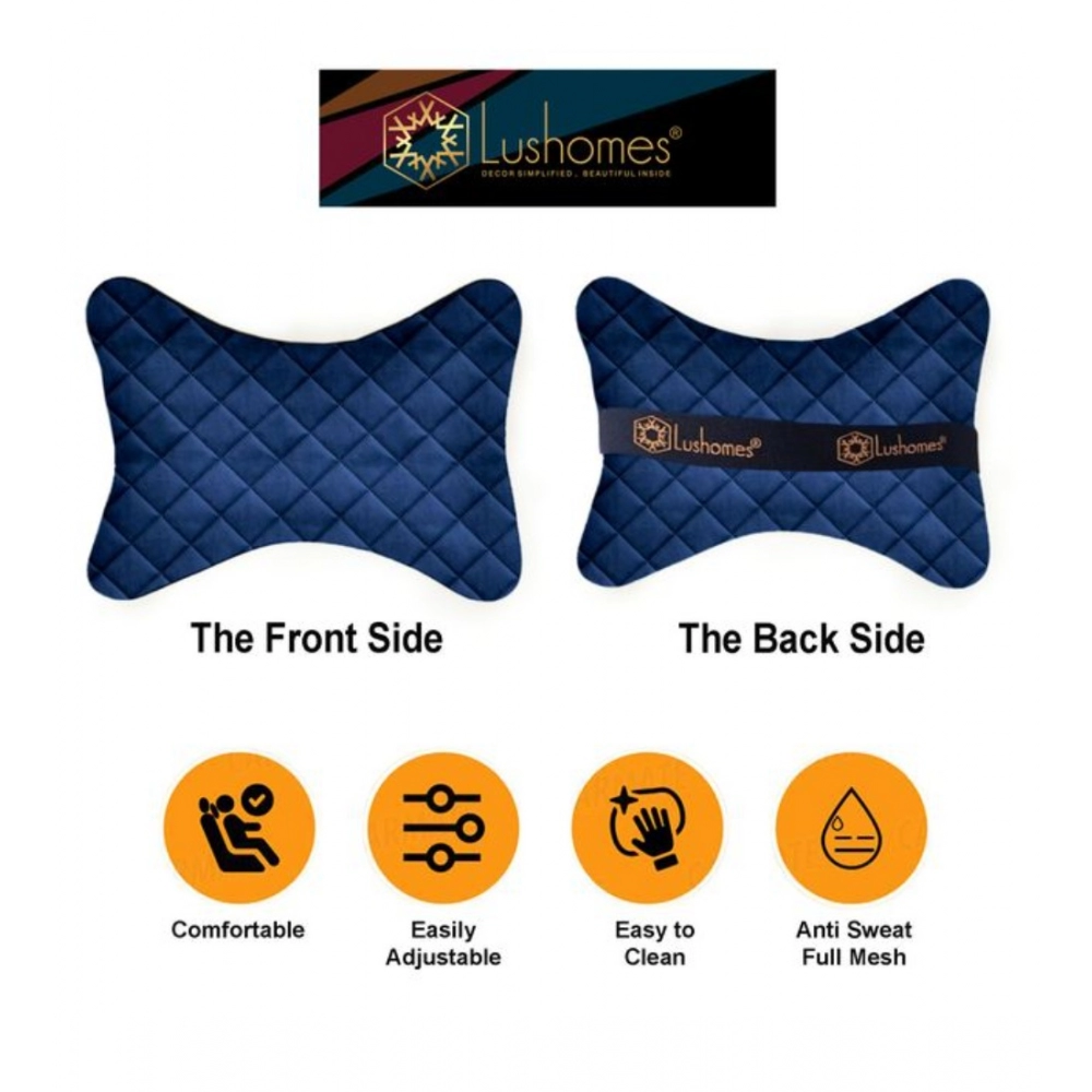 Generic Pack Of_2 Velvet Checked Bone Neck Pillow (Navy Blue, Size: 6x10 In) - Image 3