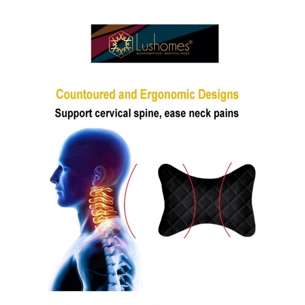 Generic Pack Of_2 Velvet Checked Bone Neck Pillow (Black, Size: 6x10 In) - Image 2