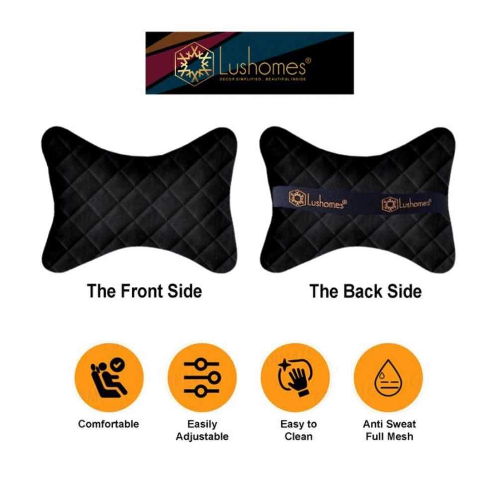 Generic Pack Of_2 Velvet Checked Bone Neck Pillow (Black, Size: 6x10 In) - Image 3